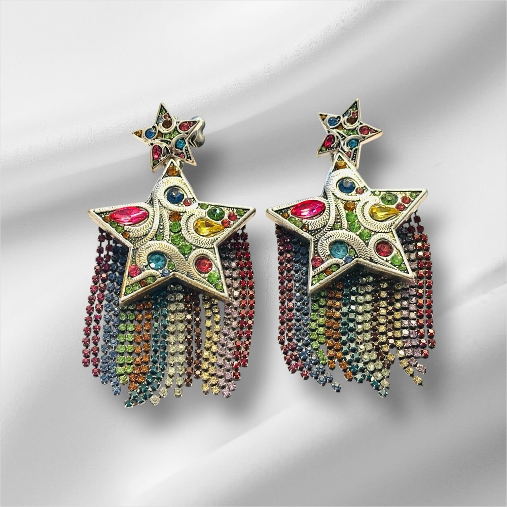 Sassy Jones Multicolor Star Fringe Drop Earrings